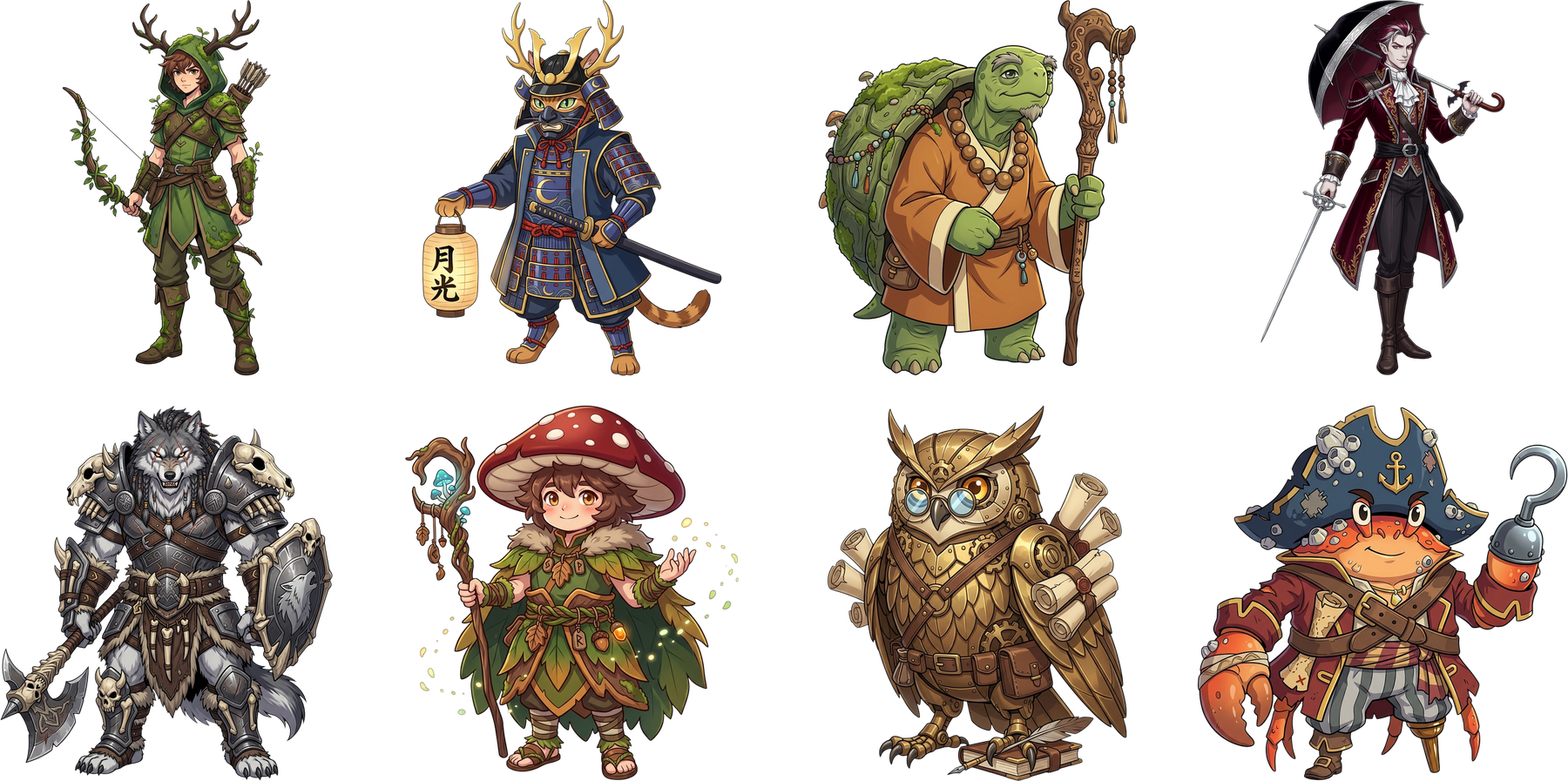 Detailed anime RPG characters: a turtle monk, samurai cat, noble vampire, wolf barbarian, and more, made with SpriteCook