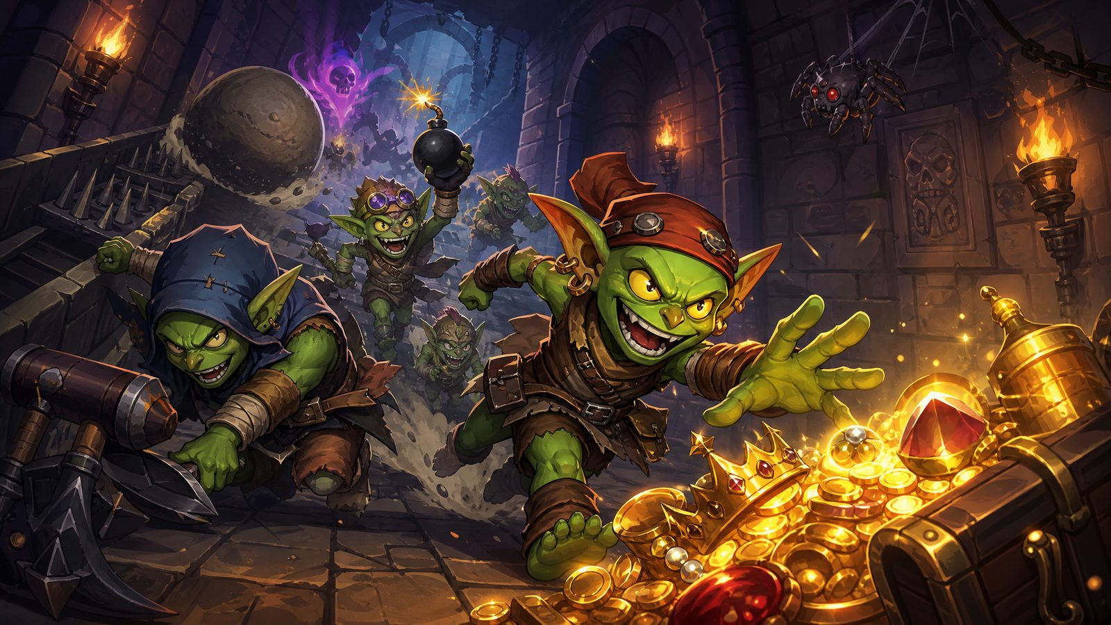 A 16:9 dungeon-crawler goblin splash screen with treasure and a boss, made with SpriteCook