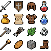 A pixel-art RPG inventory icon set: sword, shield, potions, scroll, ring, and more, made with SpriteCook