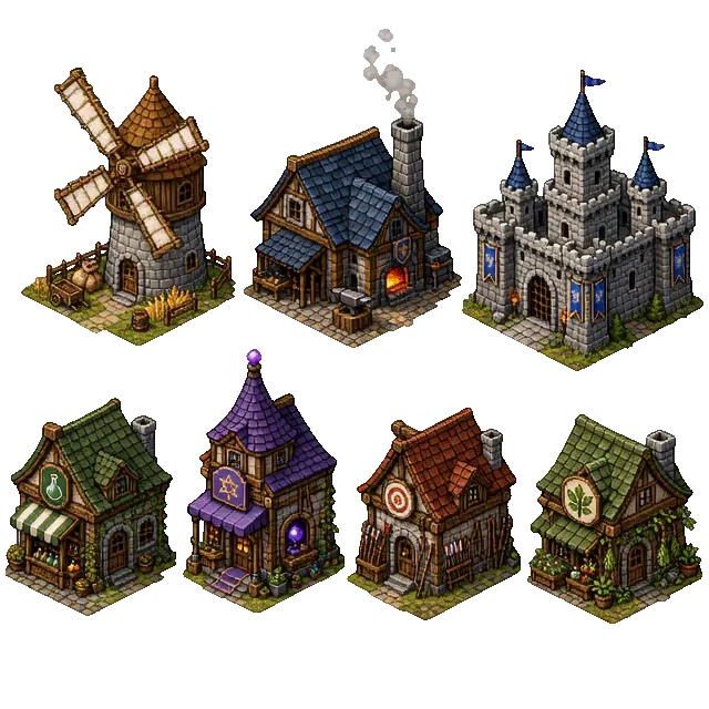 Animated detailed isometric medieval buildings: castle, windmill, shops, and houses made with SpriteCook