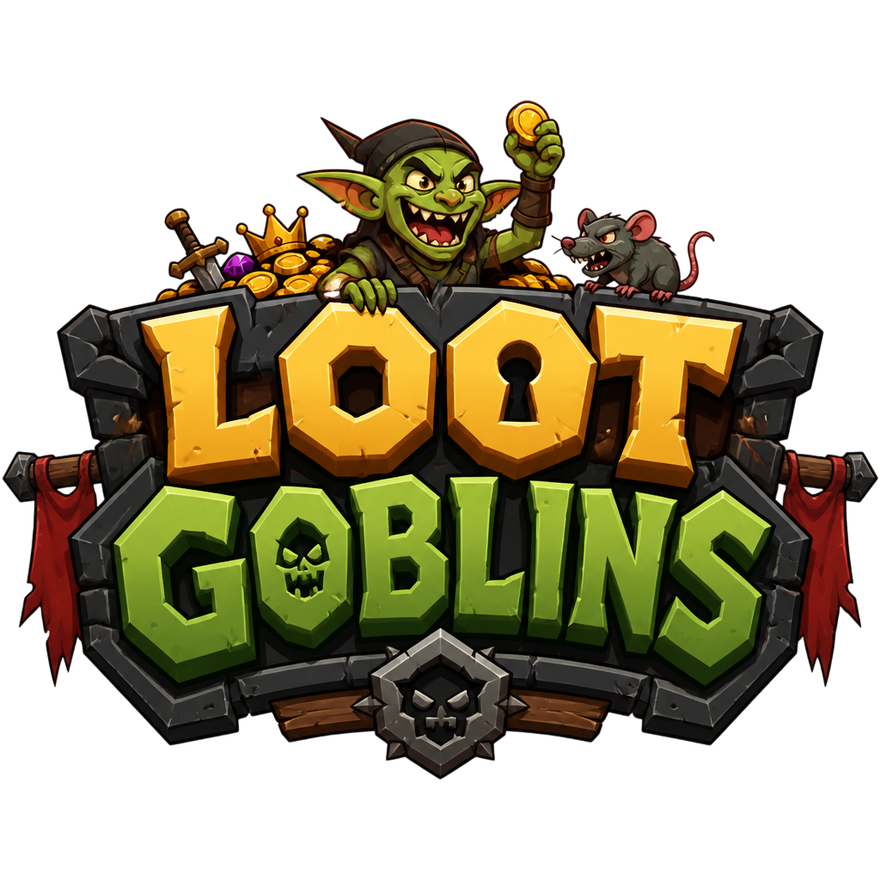 Loot Goblins game title logo with gold lettering, a goblin, and treasure, made with SpriteCook