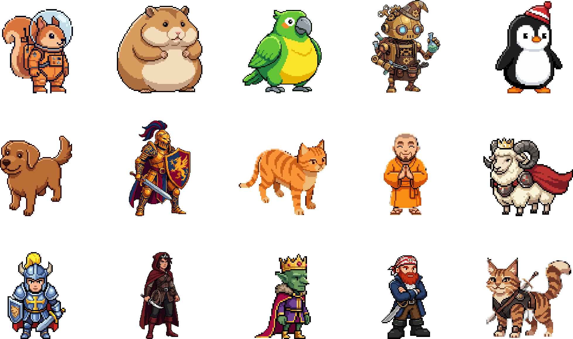 A grid of animated pixel-art characters: a knight, penguin, goblin, robot, and more, made with SpriteCook