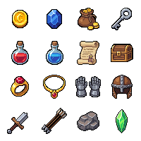 A pixel-art RPG loot icon set: coins, gems, potions, a key, a ring, and a treasure chest, made with SpriteCook