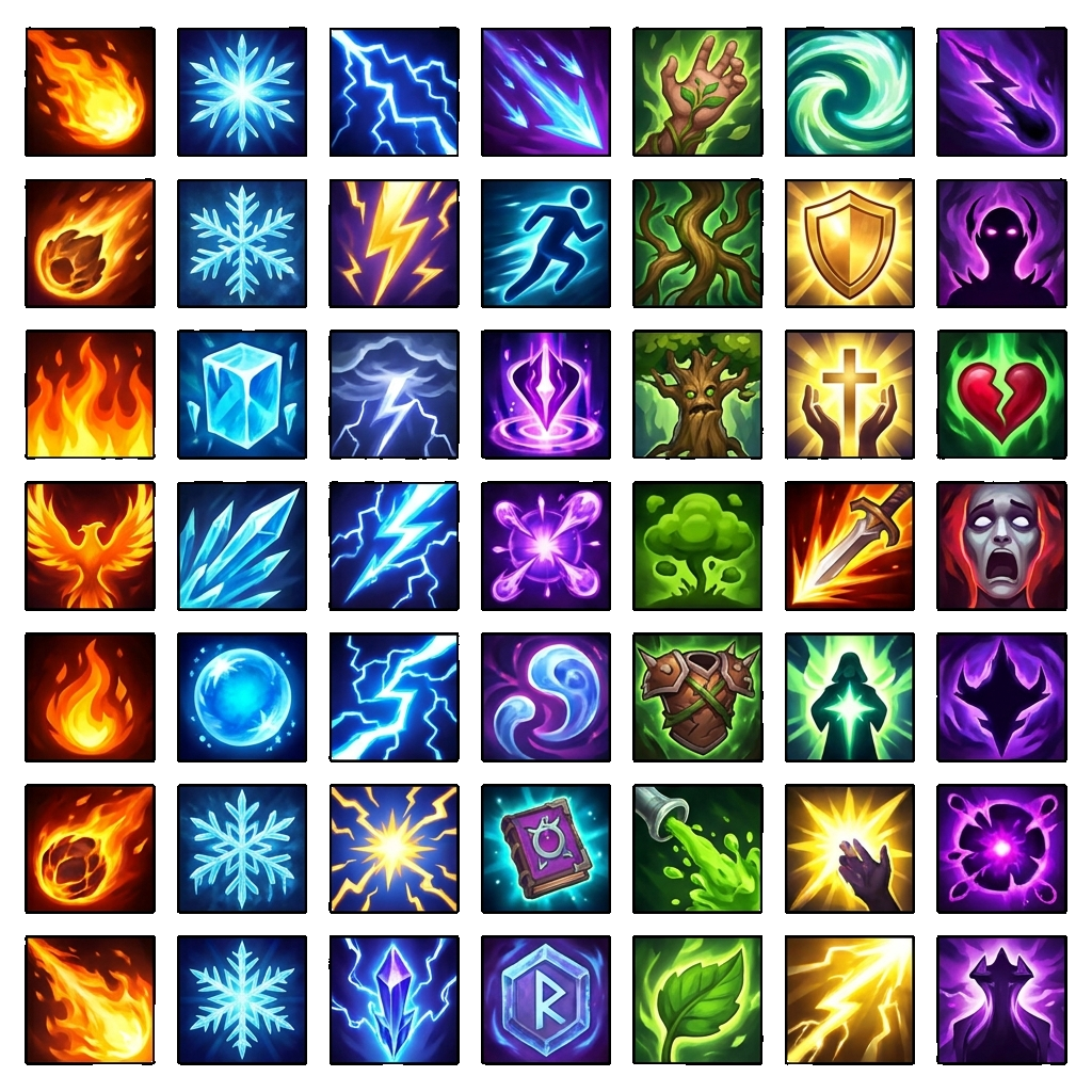 Detailed grid of MOBA and RPG spell icons: fire, ice, lightning, nature, holy, and dark, made with SpriteCook