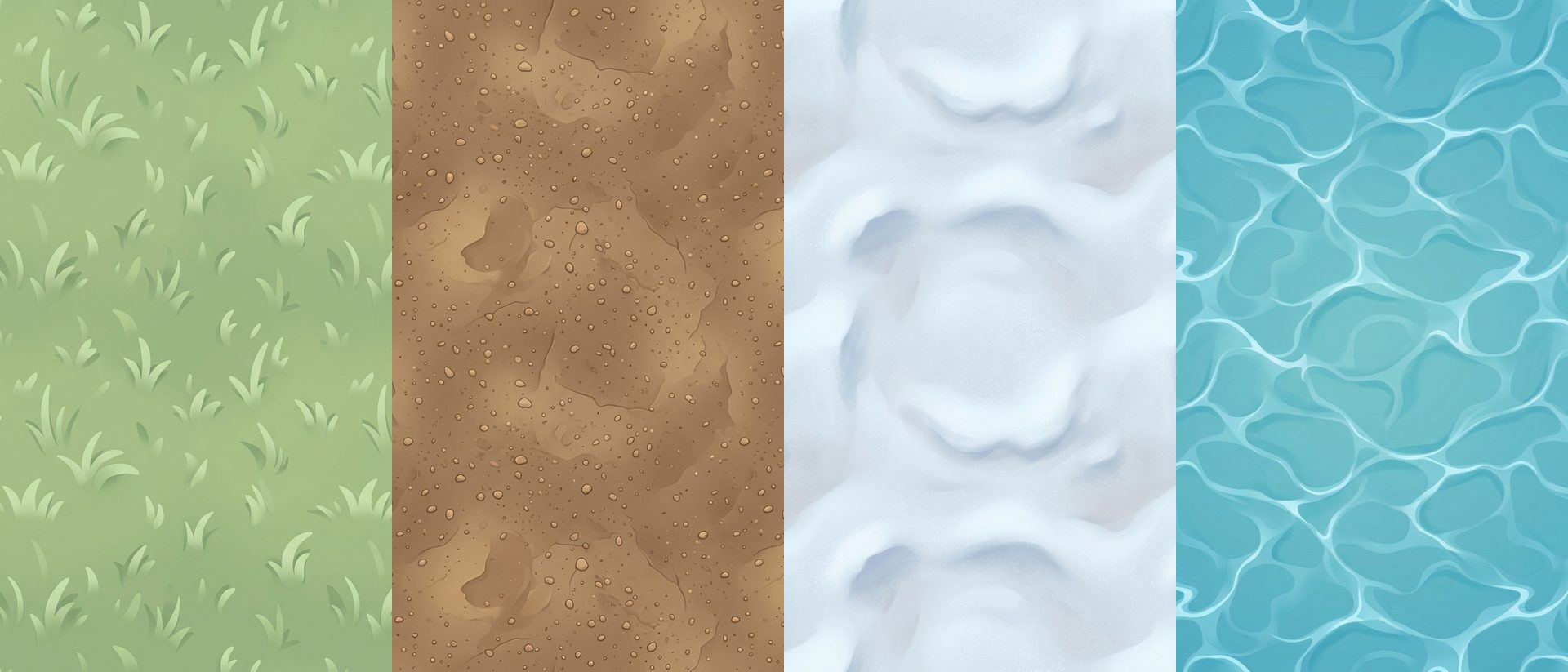 Stylized seamless terrain textures: grass, dirt, snow, and water, made with SpriteCook