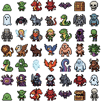An animated 7 x 7 grid of tiny pixel-art monsters made with SpriteCook