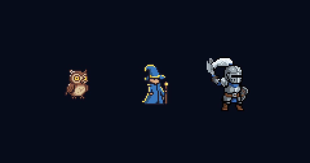 Animated tiny pixel-art owl, wizard, and knight made with SpriteCook