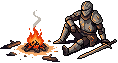 A knight resting beside a crackling campfire under the stars