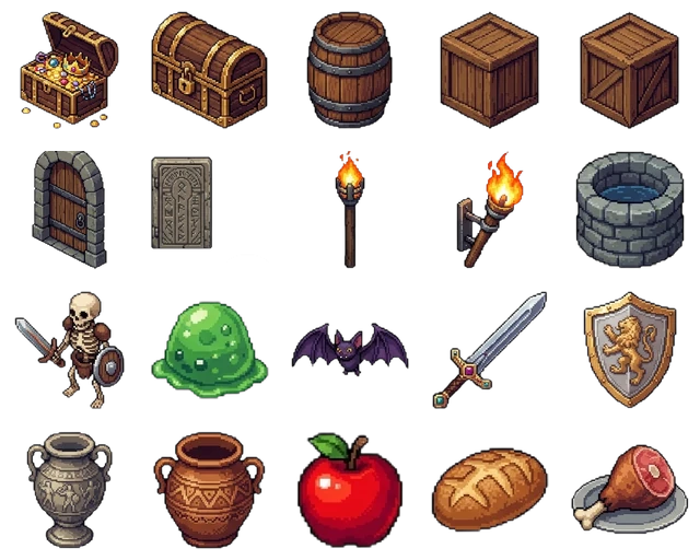 All twenty sprites of the dungeon set in the detailed pixel art style