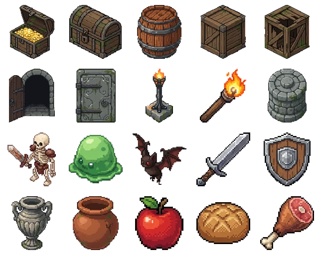 Los 20 recursos del pack de estilo arte pixelado: cofres, barril, cajas, puertas, antorchas, un pozo, un esqueleto, un slime, un murciélago, una espada, un escudo, una urna, una olla y comida.