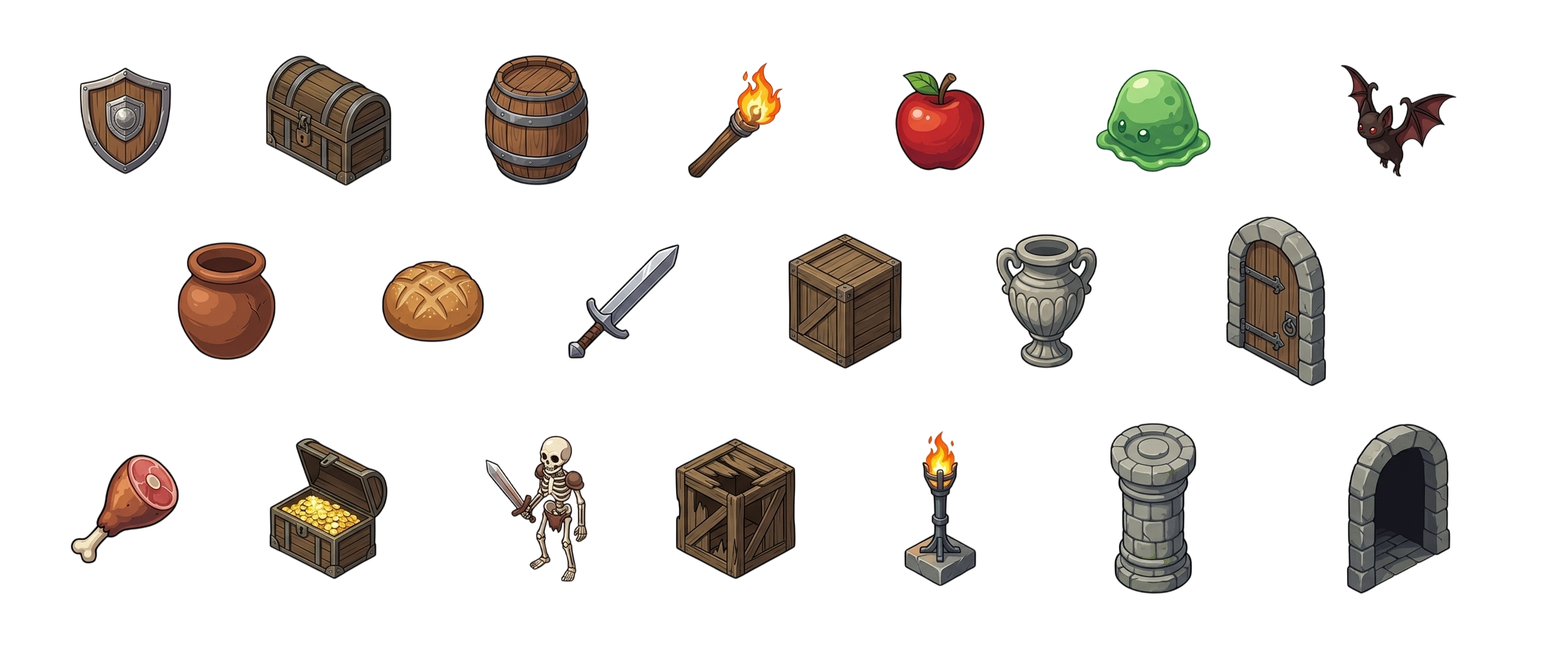 A full game prop pack of chests, barrels, weapons, doors, and enemies in a clean modern style