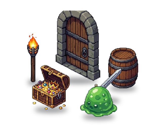 The same dungeon set in a more detailed pixel art style, placed in a room