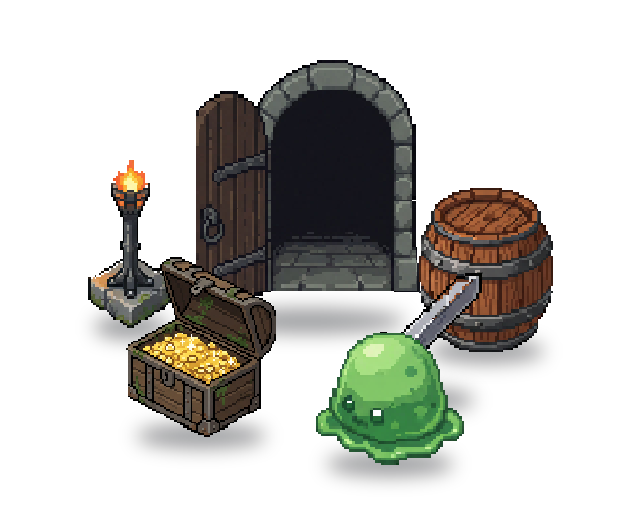 Una sala de mazmorra creada con el pack de estilo arte pixelado: una puerta abierta, un soporte de antorcha, un barril, una espada, un cofre del tesoro y un slime.