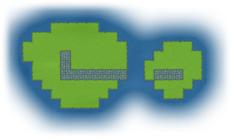 Dos islas boscosas de hierba unidas por un puente de madera, con caminos de piedra y agua azul, ensambladas con tiles de 32 píxeles.