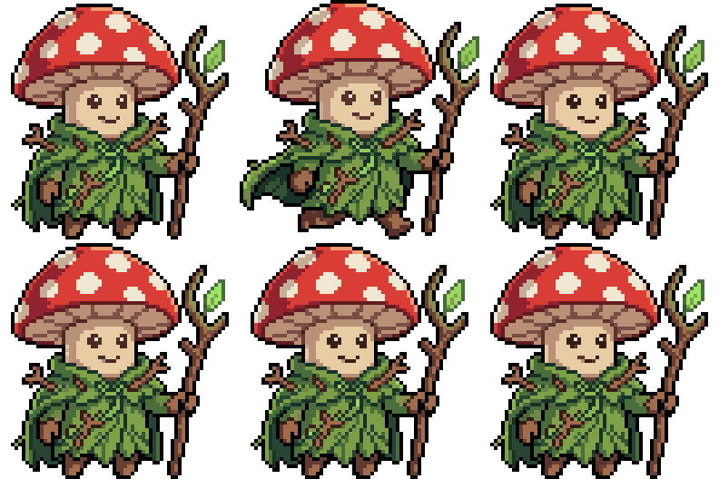 A mushroom druid running six animation sets at once, from one prompt