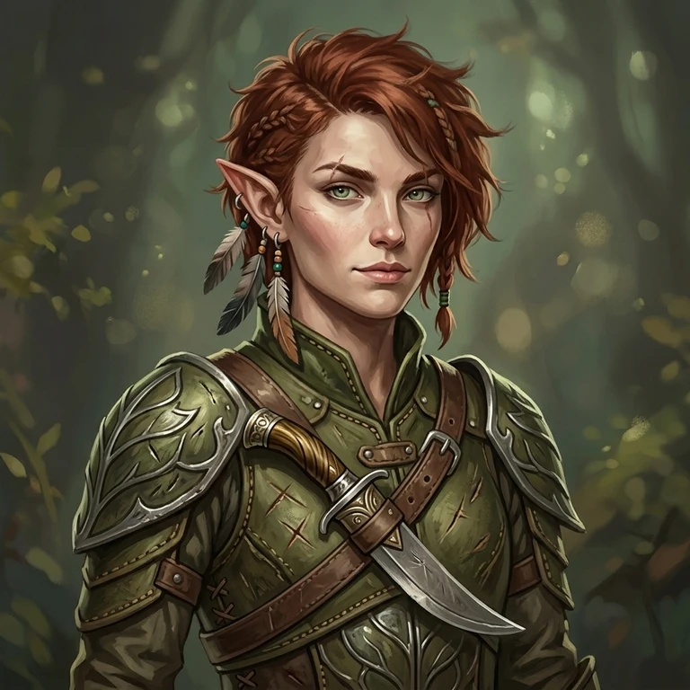 Painted portrait of a young elven forest scout in moss-colored leather armor