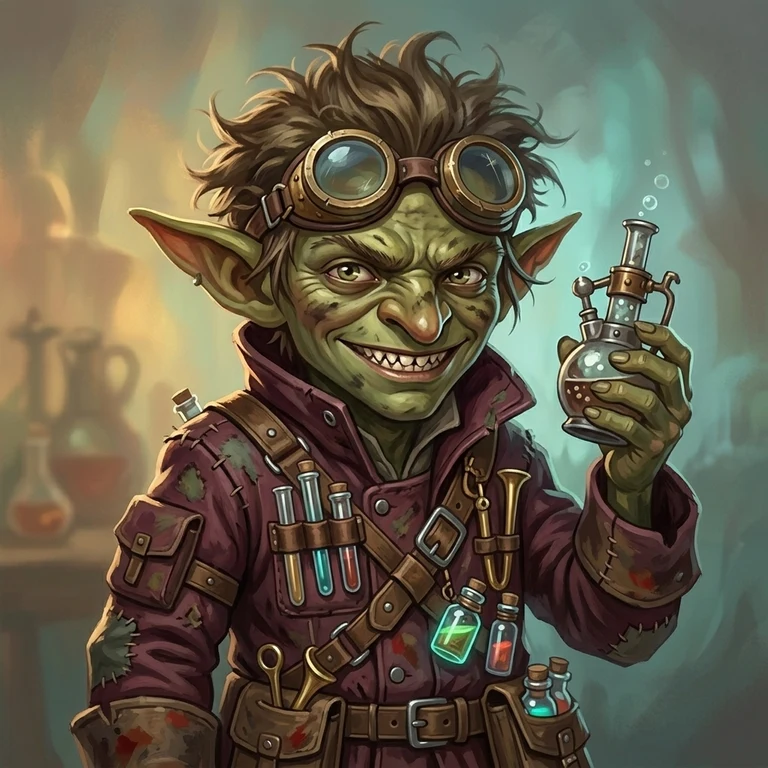 Painted portrait of a grinning goblin alchemist holding a potion