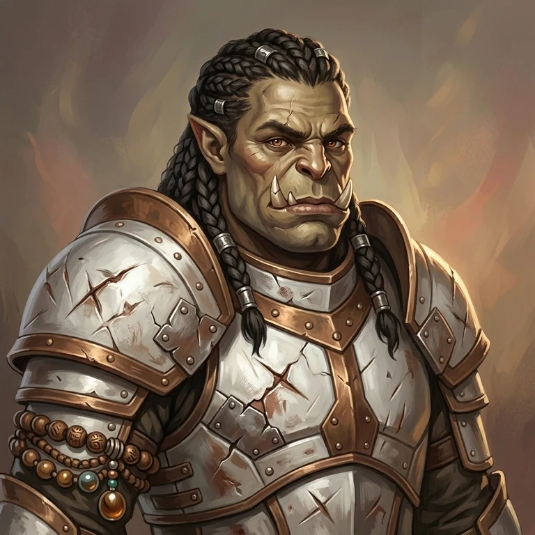 Painted portrait of a battle-worn orc paladin in white and bronze armor