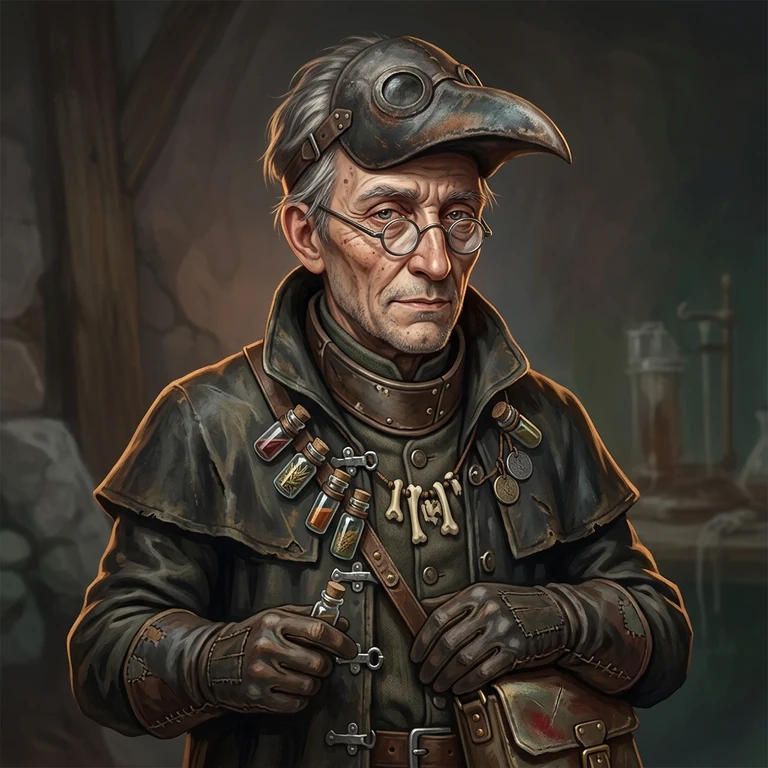 Painted portrait of an elderly plague doctor with his beaked mask pushed up