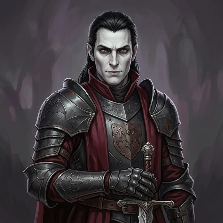 Painted portrait of a noble vampire knight in dark plate armor