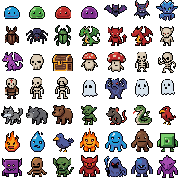 A grid of 49 tiny animated pixel art monsters in one style