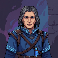 Pixel art portrait of a stern human battlemage in deep blue robes