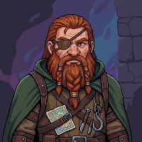 Pixel art portrait of a dwarven explorer with an eye patch
