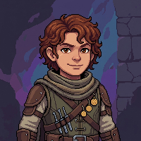 Pixel art portrait of a halfling rogue with a sly half-smile