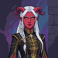 Pixel art portrait of a tiefling noblewoman with swept-back horns
