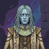 Pixel art portrait of an undead priest with faintly glowing eyes