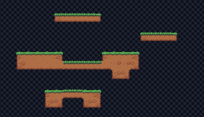A platformer level painted with the generated tileset: platforms, gaps, and floating islands