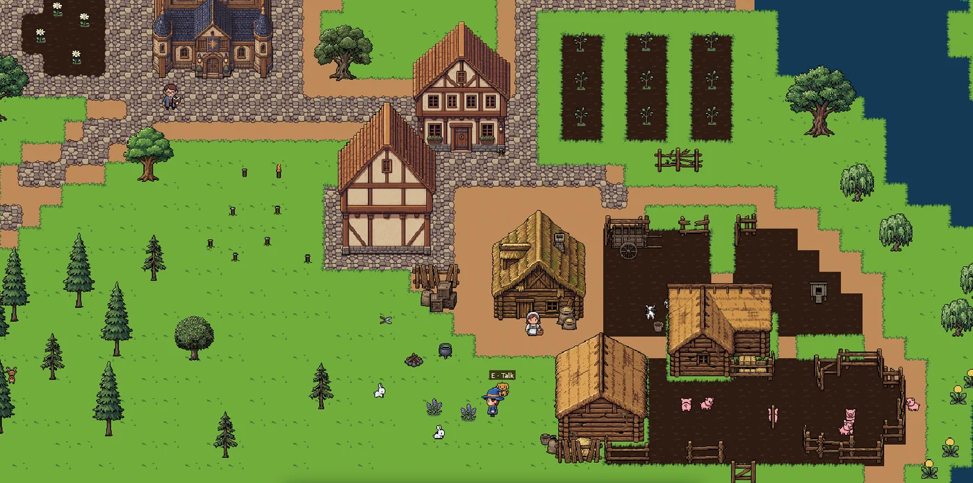 A top-down pixel art village scene assembled from generated tilesets, buildings, and props