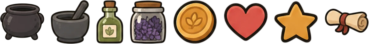 Game UI icons: cauldron, mortar, vial, jar, coin, heart, star, and scroll