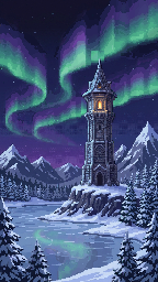 Pixel art wizard tower under green and violet northern lights
