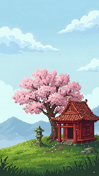 Pixel art cherry blossom tree next to a small red temple on a hill