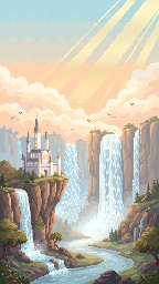 Pixel art valley at sunrise with a white castle and waterfalls