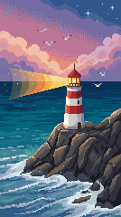 Pixel art lighthouse on a rocky cliff with waves at dusk
