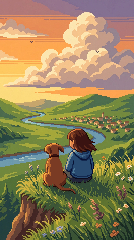 Pixel art girl and her dog on a cliff looking over a green valley