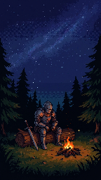 Pixel art knight resting on a log beside a campfire under the stars