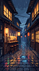 Pixel art rainy street at night with paper lanterns and a food stall