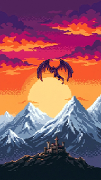Pixel art dragon gliding over snowy peaks at sunset