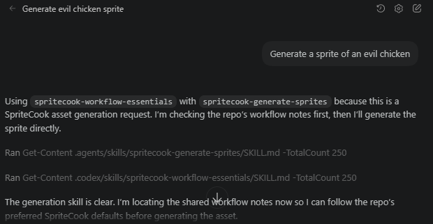 Codex chat history showing it using SpriteCook skills