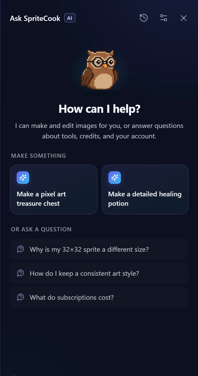 Asking the assistant for a pixel art treasure chest, reviewing the settings card, and the finished chest appearing in the chat