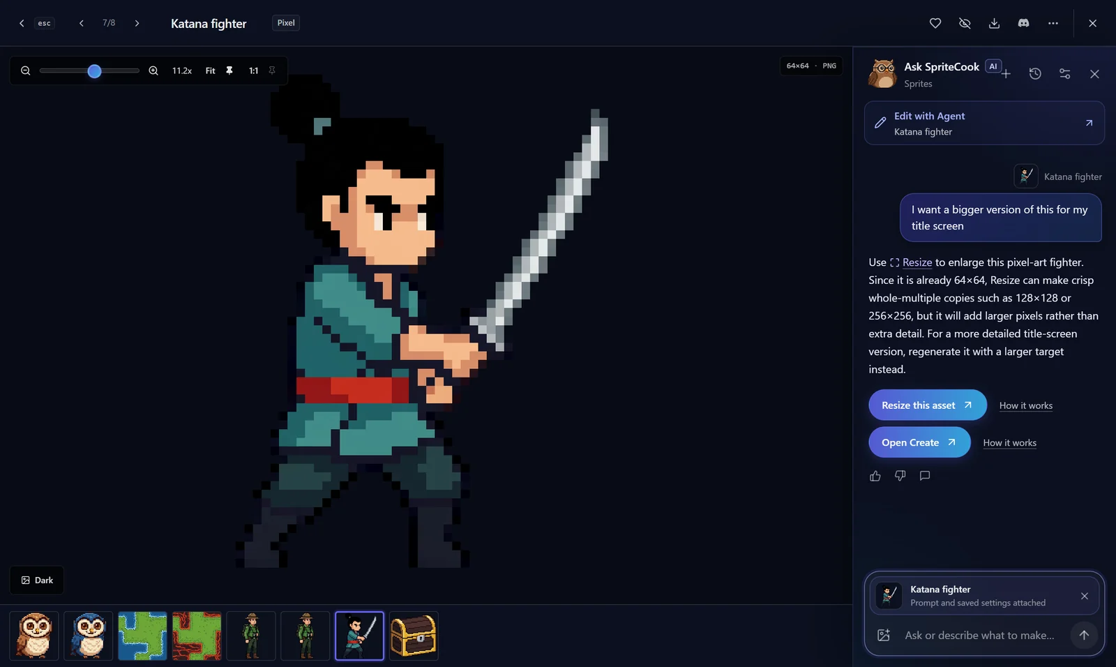 The assistant docked next to a pixel art katana fighter, explaining how to resize it for a title screen without blurring the pixels