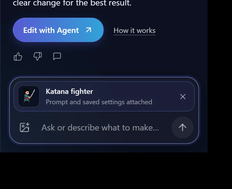 The assistant suggesting Edit with Agent to recolor a pixel art fighter's outfit blue, with a button to open it
