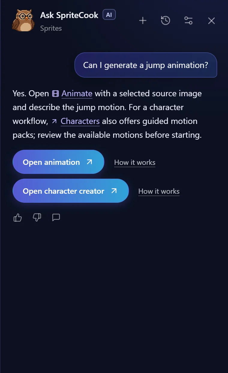 The assistant answering whether you can generate a jump animation, with buttons to open the animation tool and the character creator
