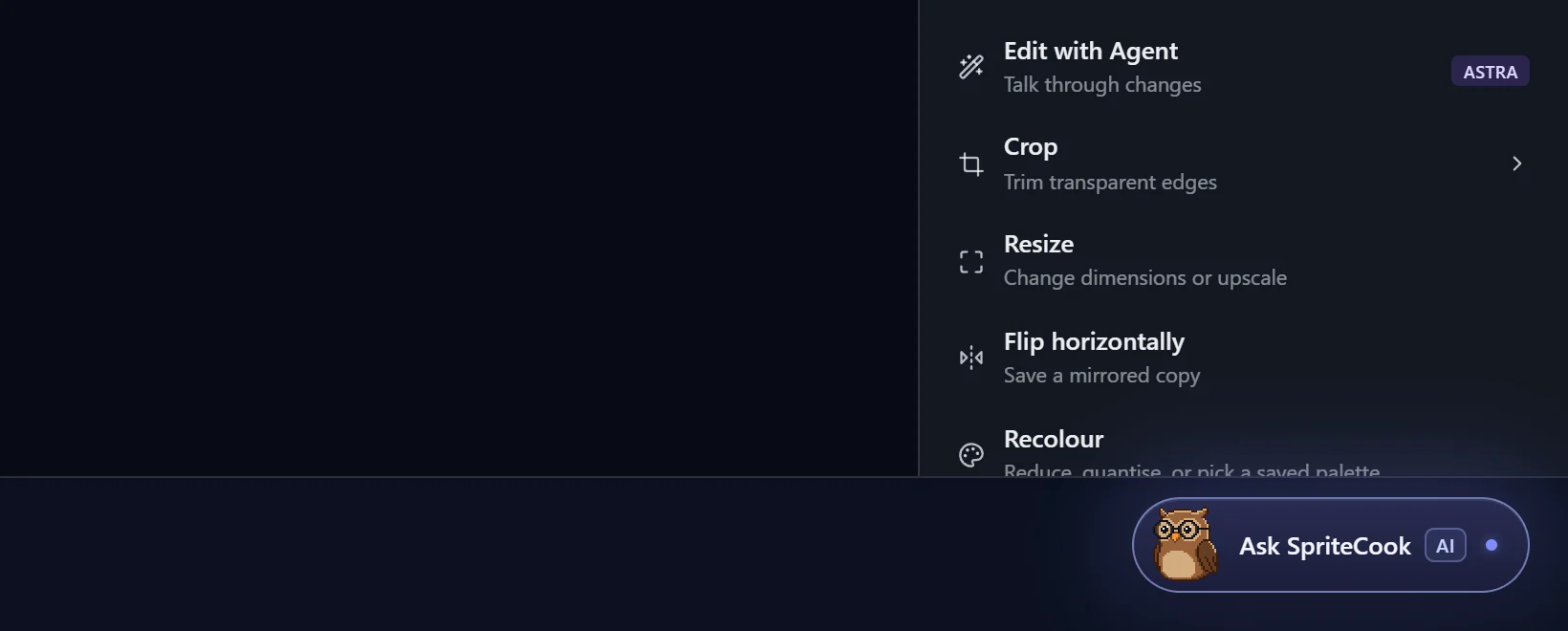 The Ask SpriteCook assistant button with a pixel art owl in the bottom right corner of the app