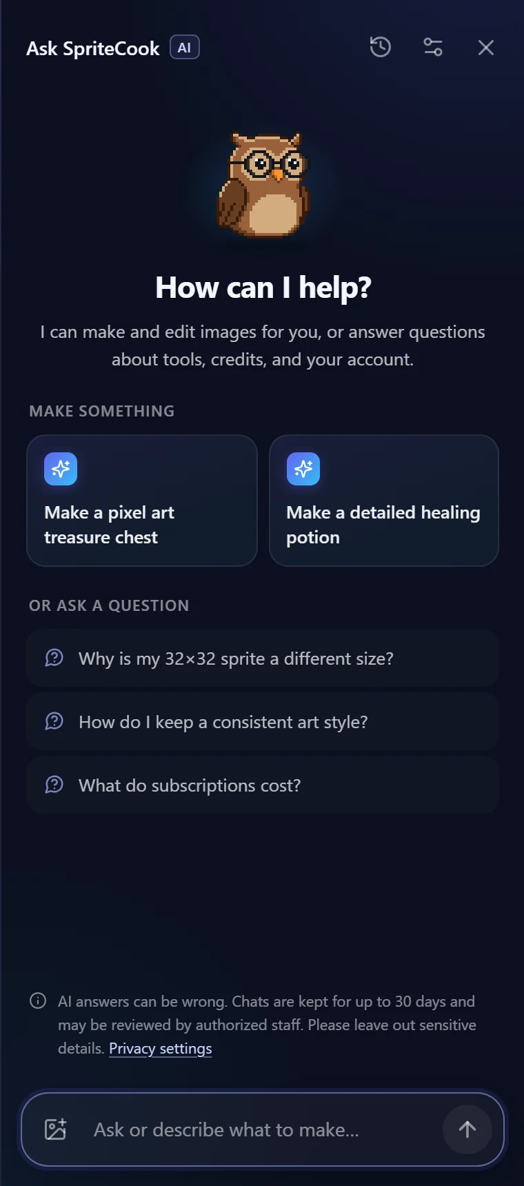 New assistant chat with suggestions to make a pixel art treasure chest or a healing potion, and common questions about sprite size, art style and subscriptions