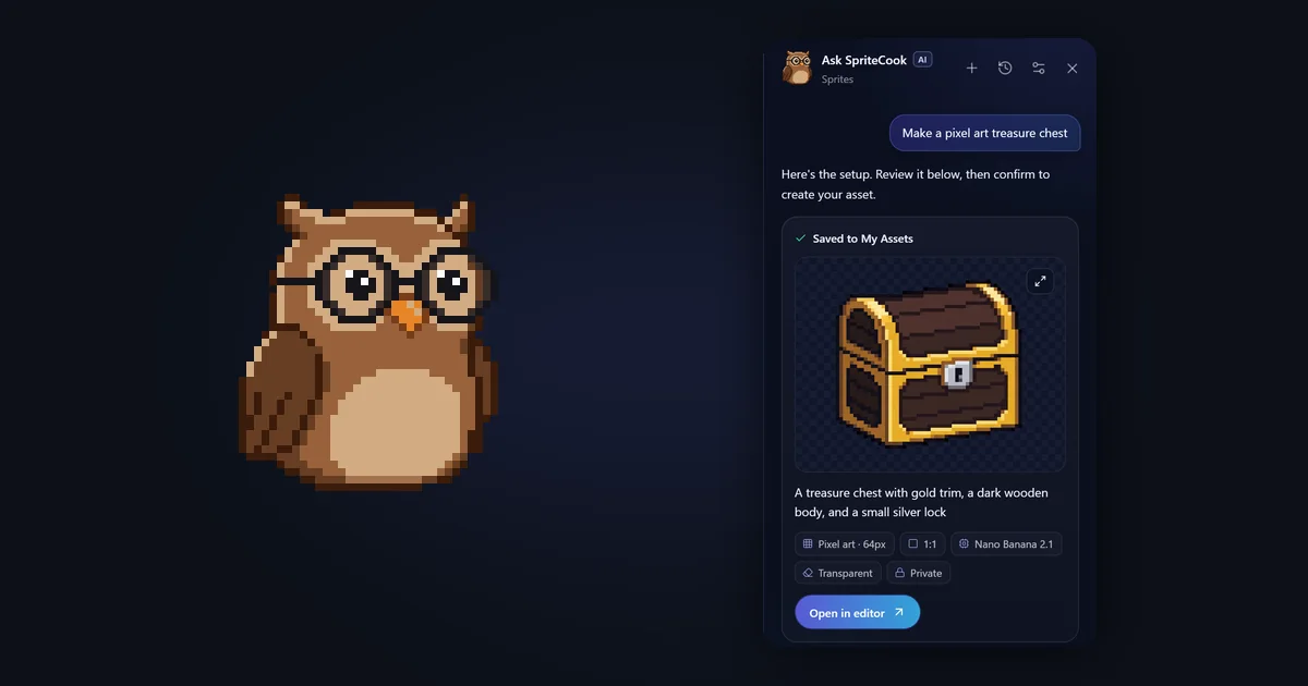 A pixel art owl with glasses waving next to a chat panel that just created a pixel art treasure chest