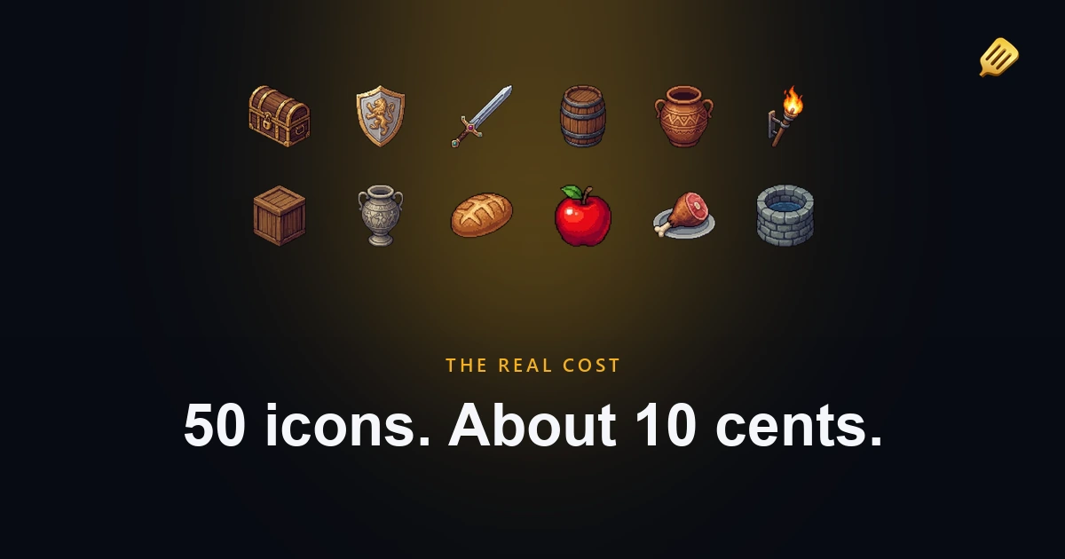 A grid of pixel art inventory icons made with SpriteCook, on a guide comparing AI game art to hiring an artist